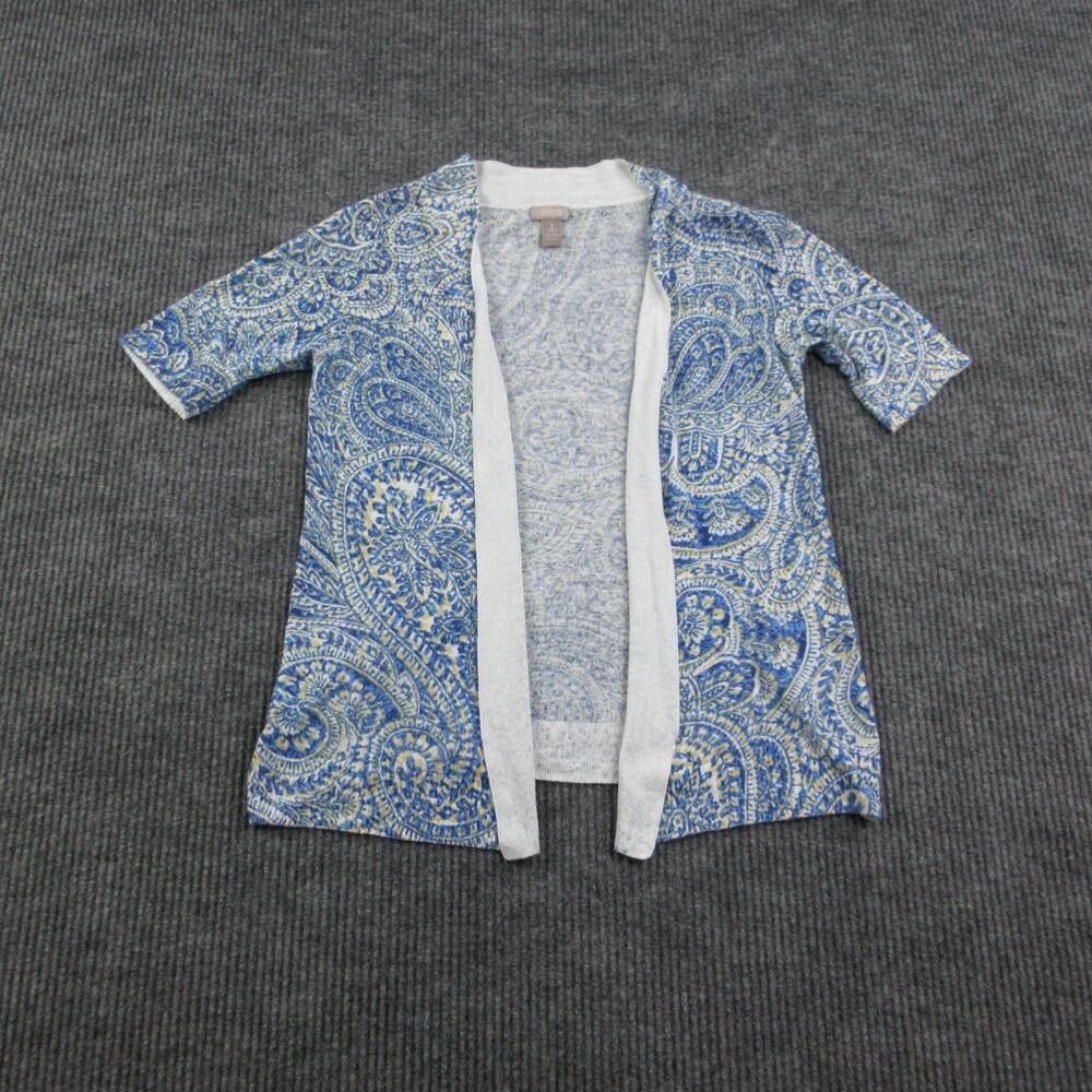 Chico's Cardigan Womens 1 Blue Paisley Open Linen/Cotton 1/2 Sleeve Lightweight